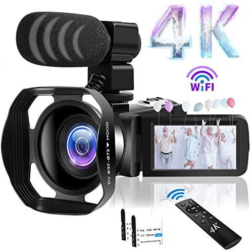 YinFun Camcorder 4K Video Camera 48MP WIFI Digital Camcorder 18X Digital Zoom with IR Night Version Vlogging Camera 3.0 IPS Touch Screen with Microphone, Lens Hood, 360°Wireless Remote Control