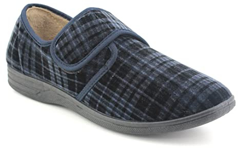 Dr Keller Mens Velour Check Faux Fur Lined Wide Opening Touch Fasten Slippers (10, Navy, numeric_10)