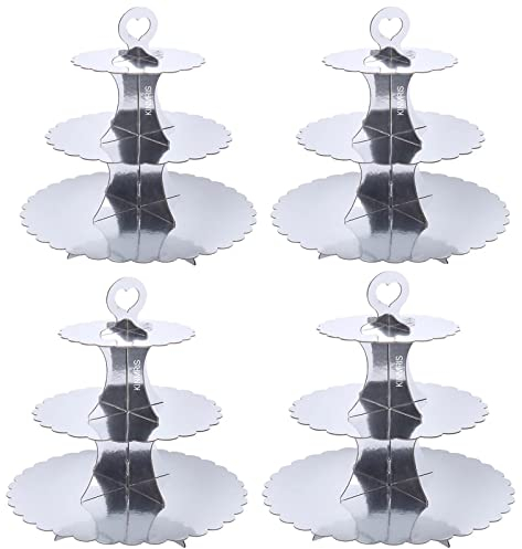 KINMRIS Confezione da 4 supporti per cupcake in cartone argentato, supporto per dessert a 3 livelli, in cartone argentato, per feste di compleanno, decorazioni per matrimoni, lauree