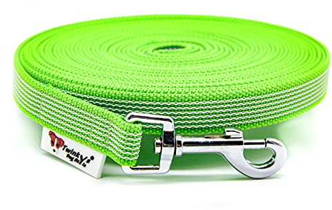 Twinkys Dog Style Schleppleine Hundeleine gummiert 20 mm breit für Hunde bis 50 kg mit Salzwasser beständigem Edelstahl Karabiner - OHNE Handschlaufe 20 Meter, Neon Grün 20 mm Made in Germany