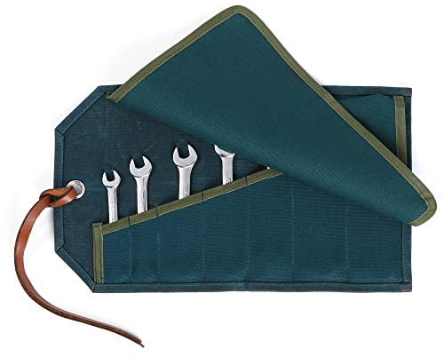 Werkzeug-Rolltasche, 16oz Waxed Canvas Wrench Set Roll - Dark Green, Schraubenschlüssel & Werkzeug Roll Up Pouch mit 7 Taschen und 1 Klappe, 39 x 23cm