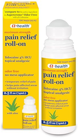 A+Health Pain Relief Roll-On Liquid, Lidocaine 4%, Odor Free, Maximum Strength Pain + Itch Relief with Aloe, Made in USA, 2.5 fl Ounces