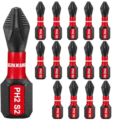 Geinxurn Impact Tough #2 Phillips 1 in. Anti-slip Head Insert Driver Bits,15Pack 1/4 Inch Hex Shank Cross Magnetic PH2 Screwdriver Bits Set