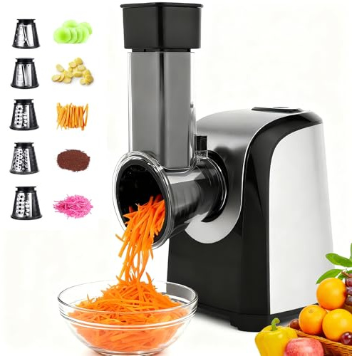 Electric Cheese Grater 150W Salad Maker 5 Different Shapes of Blades for Slicing/Shredding/Grinding, Compact Kitchen Electric Slicer Shredder for Block Cheese, Vegetables, Fruit, Carrots
