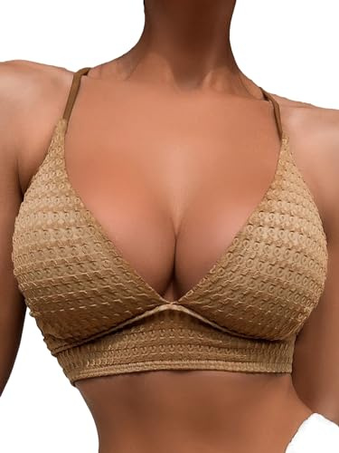 SOLY HUX Women's Criss Cross Lace Up Back Bikini Top Swimsuit Bathing Suit Tops Pure Brown XL