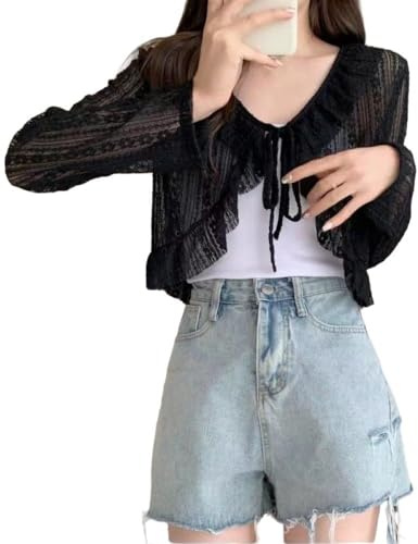 WLLLDDDIU Cárdigan Bolero de Encaje de Verano para Mujer,Tops Cortos,Cárdigan Elegante con Cordones,Encogimiento de Hombros,Tops de Mantón,Cárdigan de Ganchillo de Flores Transparentes,C