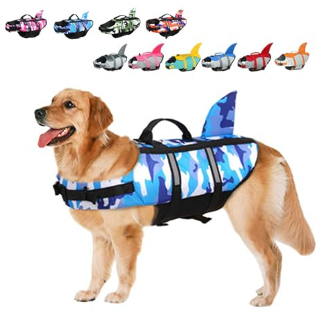 Rettungswesten für Hunde Schwimmweste Hunde Hai, Leicht und Sicher für Wassersport, hundeschwimmweste mit Griff und Reflektierend für Kleine Mittlere und Große Hunde Tarnung Blau XS