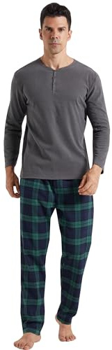 Vinterpyjamasset för män, ultramjuk Henley, långärmad topp och flanell, rutiga byxor, fleecepyjamas för män, myskläder, pyjamas, nattkläder, Grå+grön rutig, L