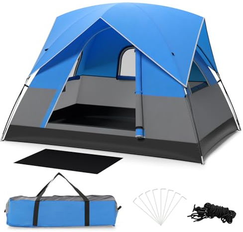 HOMASIS Campingzelt für 2-3 Personen, wasserdichtes Kuppelzelt mit 3 Fenstern & Regendach, Outdoorzelt mit 4 Windseilen & 8 Erdnägeln, ultraleichtes Zelt für Trekking Camping Hiking, Blau & Schwarz