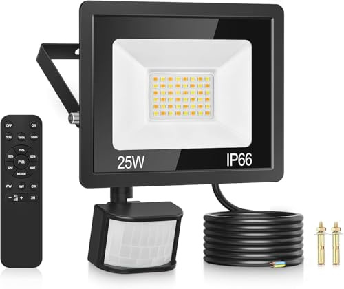 LED Strahler mit Bewegungsmelder Außen, 25W 3000K/4000K/6000K Dimmbar | Außenleuchte mit Fernbedienung, 2100LM IP66 Wasserdicht led strahler Außenstrahler Scheinwerfer fluter fur Garten Garage