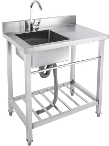 OUKANING Edelstahl Waschtisch Outdoor 80x55x84cm Edelstahlspüle Freistehend Mit 360° Wasserhahn, Spritzwassergeschützt, Feuchtigkeitsbeständig, Ausgezeichnete Drainage (Spüle: Links)