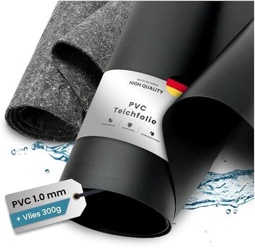 TeichVision - PVC Teichfolie - Stärke 1 mm - 2 m x 10 m und Teichvlies 300g / PVC Folie schwarz mit separatem passendem Vlies in grau