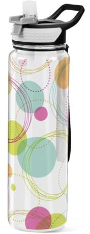 Mnsruu Transparente Sport-Wasserflasche mit Strohhalm, auslaufsichere Trinkflasche, farbiges rundes Muster, Fahrradflaschen für Sport, Büro, Schule, BPA-freier Tritan-Kunststoff, 1 Liter