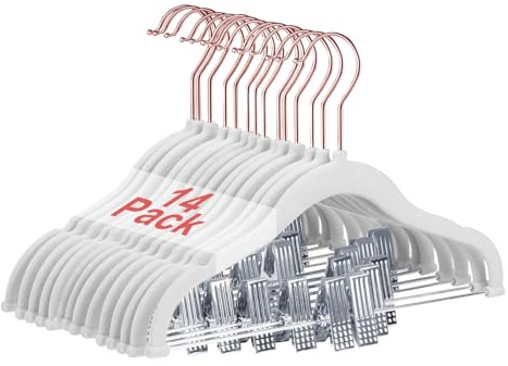 Wellong Baby Clothes Hangers with Clips, 14 Packs Kids Clothes Hangers, Heavy-Duty Childrens Hangers, Clothing Hangers for Shirts, Pants, Skirts, Dresses, Jackets, Coat White - Rose Gold Hook