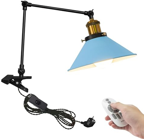 FSLiving Industrial Klemmleuchte mit Fernsteuerung, Einstellbar Clip auf Schreibtisch Leselampe,Dimmbar Clamp Nachttischlampe mit Flexarm für Schreibtisch Nachttisch Regal-Blau TD0633