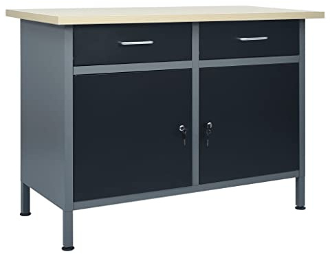 Hommdiy Werkbank 2 Schubladen mit Kugellager 2 Schränke mit Türen Werktisch Werkstatt Heimwerker Montagewerkbank Arbeitstisch Schwarz 120x60x85cm Stahl