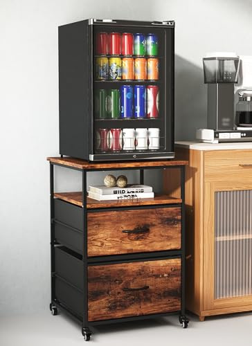yeshine Mobile Mini Fridge Stand with Storage, Heavy Duty Metal Frame, Fabric Drawers & Locking Castors, Easy Assembly Refrigerator Organizer Stand for Living Room, Kitchen & Dorm, Black