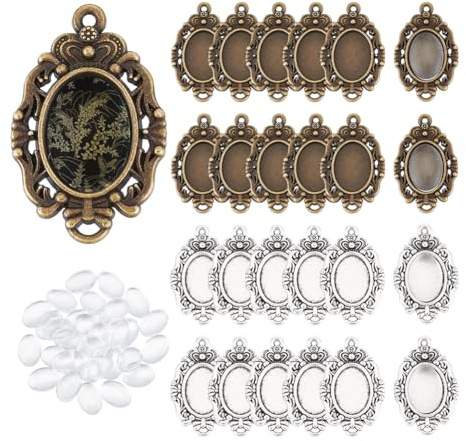 UNICRAFTALE 60 Stück 2 Farben Ausgefallener Anhänger Tibetischen Stil Cabochon Rohlinge Kuppel für DIY Fotobasteleien Halsketten Schmuckherstellung 14x10mm