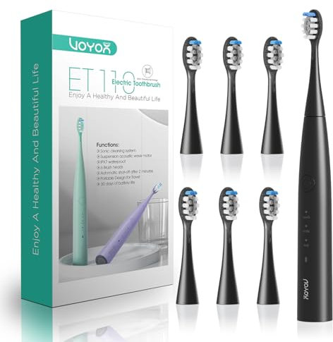 VOYOR-HEALTH Cepillo de Dientes Eléctrico, Recargable Cepillo Dientes Electrico con 6 Cabezales de Recambio, Cepillos de Dientes Electricos Sónico Adultos Resistente al agua IPX7 ET110 (Negro)