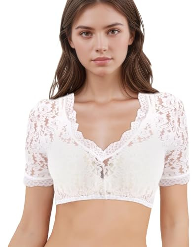 wlertcop Dirndl Bluse Damen, Weiß Dirndlbluse Spitze V Ausschnitt Kurzarm, Trachtenbluse Damen, Dirndlbluse weiß für Oktoberfest & Karneval(L)