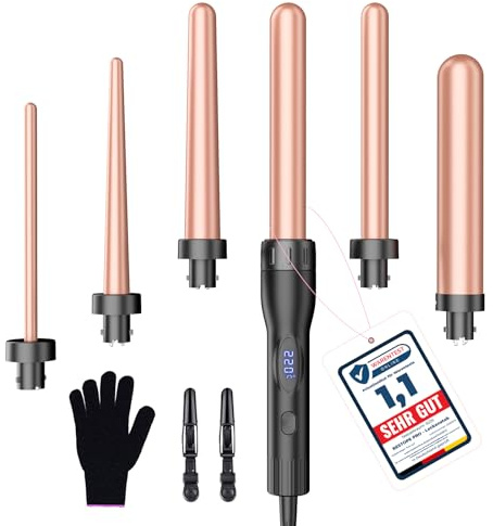 Lockenstab Große und Kleine Locken Set mit einstellbarer Temperatur - 6 in 1 Mit Verschiedenen Aufsätzen Antistatische Keramik Turmalin Beschichtung Welleneisen für Beach Waves