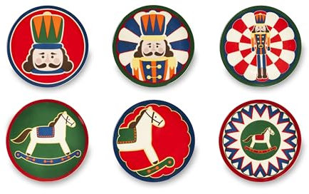 Excelsa Vintage Christmas Set 6 Piattini Decorativi in Porcellana, Motivi Natalizi