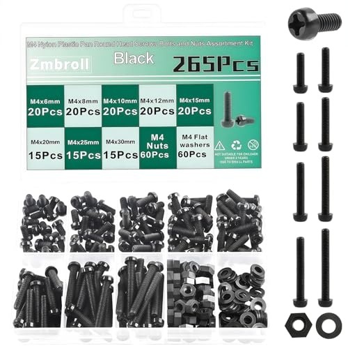 Zmbroll 265Pcs M4 Black Pan Round Head Nylon Screws Metric Fully Threaded Phillips Cross Recessed Plastic Machine Screw M4x6/8/10/12/15/20/25/30mm Bolts Nuts Washers Kit