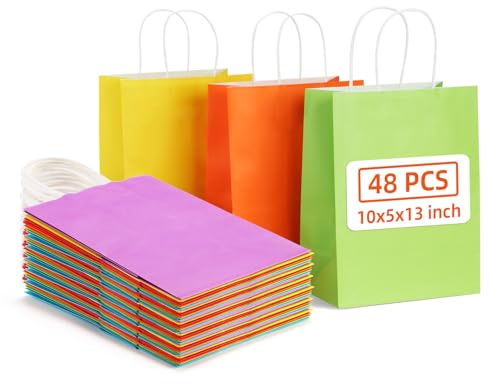 Eupako 48 Pcs Party Bags Assorted Gift Bags with Handle 20.32x10.8x26.67 cm Rainbow Colors Kraft Paper Party Favor Gift Bags with Handles for Wedding, Baby Shower, Birthday, Gifts, Shopping