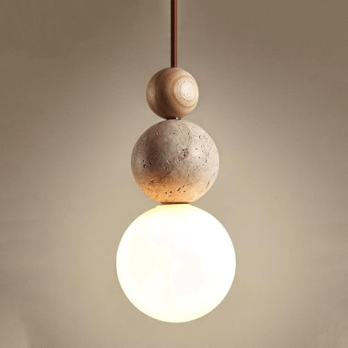 RXPVUXE Lampada a Sospensione in Pietra Wabi Sabi Lampada a Sospensione in travertino Giallo in Stile Giapponese Lampada da Cucina Regolabile in Legno per Isola Mini Globo Illuminazione a Sospensione