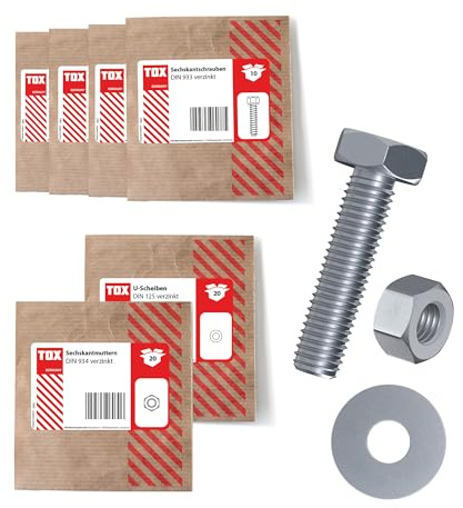 TOX Set (100-tlg.) mit Sechskantschrauben in 3 Größen, Sechskantmutter M6 und Unterlegscheibe 6,4 mm, galvanisch verzinkt, Schrauben, Muttern und U-Scheibe als Set, Papierverpackung, 09990914