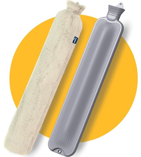 Pasper Wärmflasche mit Bezug - Extra Lang - 3,5 Liter XXL - Nahtlos - Beige | 8 Stunden Wärme | 75 cm extralang | Weicher Bezug | Patentiertes Design