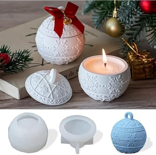 Moules en silicone de Noël, flocon de neige, boule avec couvercle, récipient à bougies, boîte à bonbons, boîte à bijoux pour béton, plâtre, résine époxy, bricolage décoration de Noël