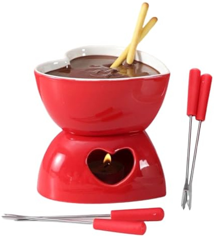 Tasse à fondue – cœur en céramique avec fourchettes et bougie chauffe-plat, mini caquelon à fondue au chocolat, petit réchaud à dessert en forme de cœur | Fromage Beurre Caramel Dessert Bonbons Fête d
