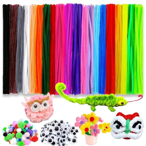 620 Stück Pfeifenreiniger Blumen Set, 20 Farben Pfeifenputzer zum Basteln | 500 Pfeifenputzer Bunt, 120 Plüschbälle und Augen zum Basteln, Flexibel und Leicht zu Formen, Pipe Cleaner
