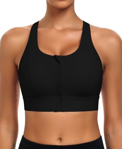 JoyGirl Zip Front Sports Bra High Impact Racerback Bra (Black,XL)