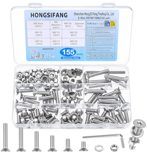 155 Pz M6 Set Di Viti, Testa Svasata Bulloni E Dadi E Rondelle Set Miste