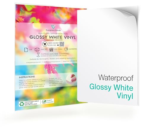 Evergreen Goods 20 Sheets A4 Waterproof Self-Adhesive Glossy White Vinyl Sticker Paper | Printable Sticker Paper for Inkjet and Laser Printers | Sticker Sheets for Label & Sticker Printing
