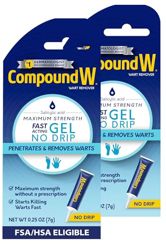 Compound W Maximum Strength Wart Remover with Salicylic Acid, Fast-Acting Gel Plantar Wart Remover Works on Common & Plantar Warts, 0.25 Oz, Pack of 2