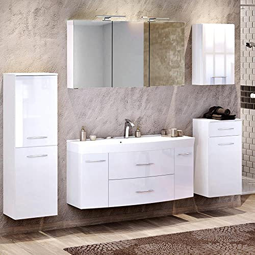 Lomadox Badmöbel Komplettset in Hochglanz weiß 120cm Waschtisch & Unterschrank Waschbecken 3D Spiegelschrank & LED-Leuchten Steckdose Midischrank Unterschrank Hängeschrank