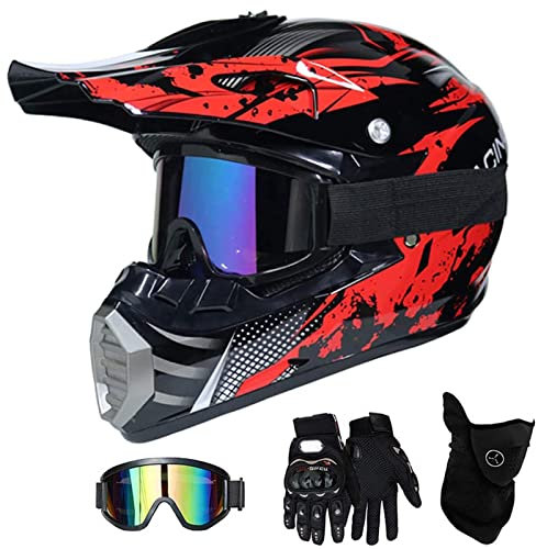 MRDEAR Motocross Casque Cross Adulte Casques Moto Cross Enfant Accessoire Moto Cross avec Goggle/Gants Moto/Masque, Casque VTT Integral BMX Velo Quad Enduro ATV Scooter, Noir et Rouge,M