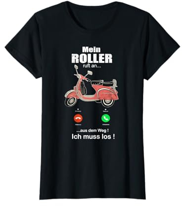 Rollerfahrerin Mofa Mopedfahrerin retro Geschenk 'Mein Roller ruft an' Witziges Mofa Moped Retro Motorroller T-Shirt Damen Mädchen Schwarz S Halbarm Klassische Passform Crew-Ausschnitt T-Shirt