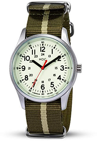Infantry Mens Analogue Watch Luminous Glow in Dark Dial,Mens Watches Military Field Style w/12/24 Hr Display,Japanese Quartz Movement,Rugged Green Nylon NATO Strap,Tactical Mens Wrist Watch