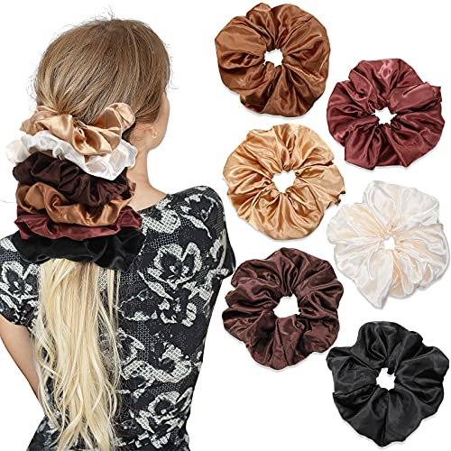 6 Stücke Übergroß Satin Haargummis, Weiche Seide Elastisch Haarband Set Haargummis Pferdeschwanz Halter für Mädchen (Weiß, Rotbraun, Schwarz, Heller Kaffee, Dunkler Kaffee, Braun)
