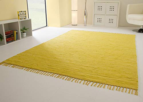 Steffensmeier Handwebteppich Indira in Gelb - Handweb Teppich aus 100% Baumwolle Fleckerl, Größe: 160x160 cm