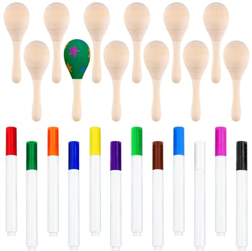 Morcheiong Mini-Maracas aus Holz für Kinder mit 12 mehrfarbigen Stiften, mexikanische Maracas, Cinco de Mayo, Partyzubehör, Dekorationen, 12 Stück