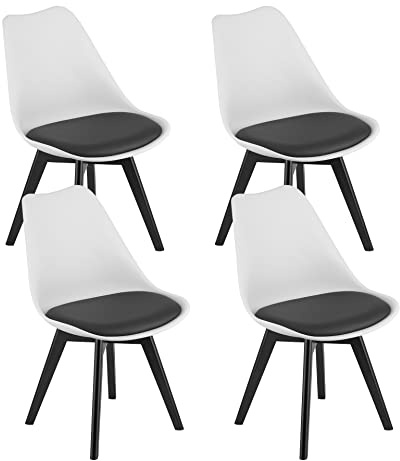 Home Collective 4er Set Esszimmerstuhl Stuhl Wohnzimmerstuhl, in insgesamt 11 Farben, 4X Weiss mit schwarzem Polster mit Kunststoffbeinen in schwarz, bequemer & Stabiler Schalenstuhl