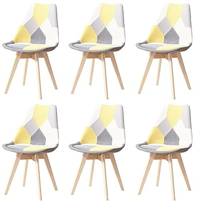GrandCA HOME 6er Set Gepolsterten Esszimmerstuhl mit Patchwork-Stoff und Metallbeinen aus Buchenholz, für Schlafzimmer und Wohnzimmer, Küche, Gelb