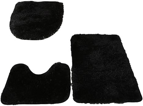 rongweiwang 3 teiliges exquisites Handwerkskunst und rutschfestes Badezimmerteppich Set für stilvolle Touch PU Teppiche, Matten Set, WC Abdeckung, hergestellt aus PU, Schwarz