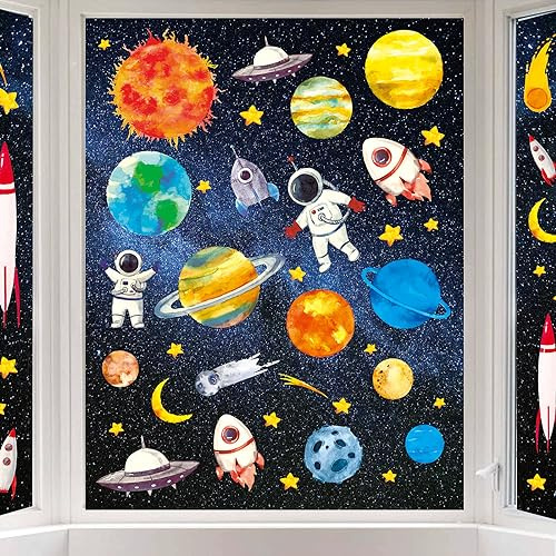 Whaline 6 Sheet Outer Space Window Clings Space Astronaut Spacecraft Rockets Solar System Decals Galaxy Wall Mural for Kids Bedroom Nursery Playroom Living Room Home Decor