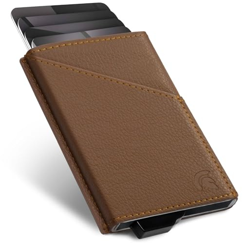 POWR Porta carte con blocco RFID, elegante portafoglio sottile e protezione per carte di credito senza contatto, Pelle marrone, Minimalista